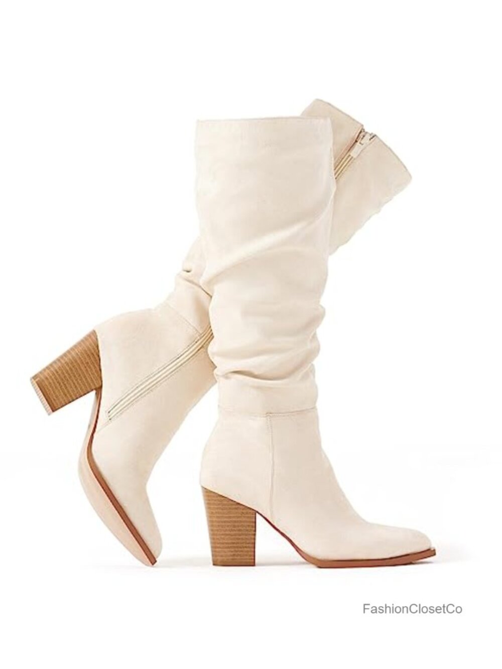Faux Suede Knee High Boots, Pointed Toe Heeled Slouchy Boots with Side Zipper